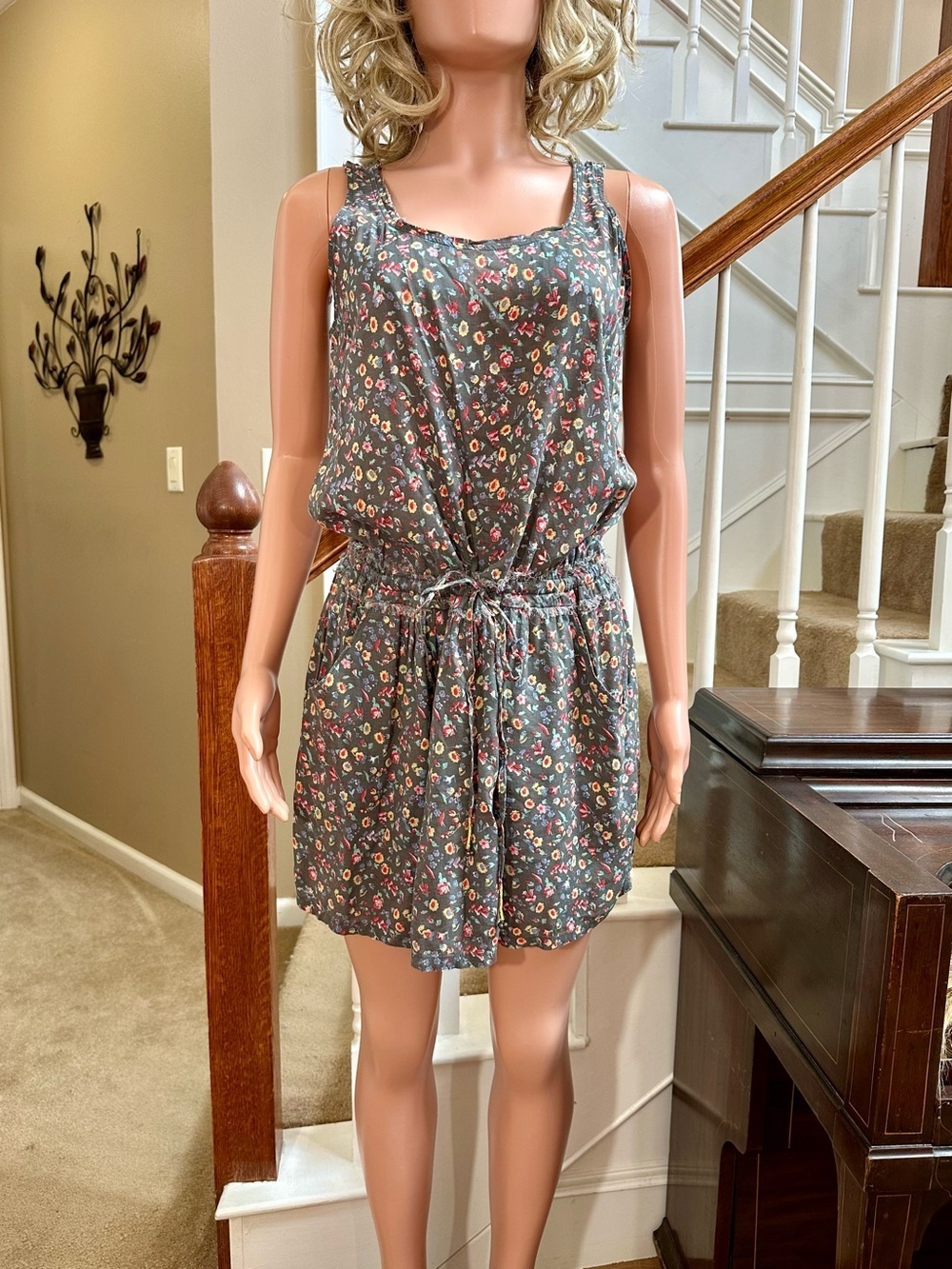 Gray floral drawstring dress